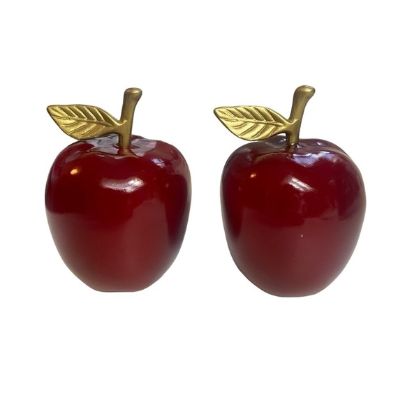 Wooden Red Apple Brass leaf Paperweight Home Decor - Set of two - Picture 1 of 8